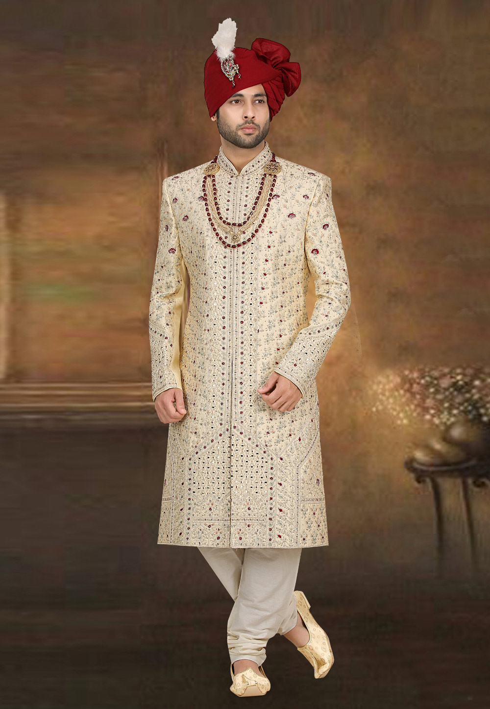 Beige Banarasi Jacquard Achkan Style Sherwani 274604