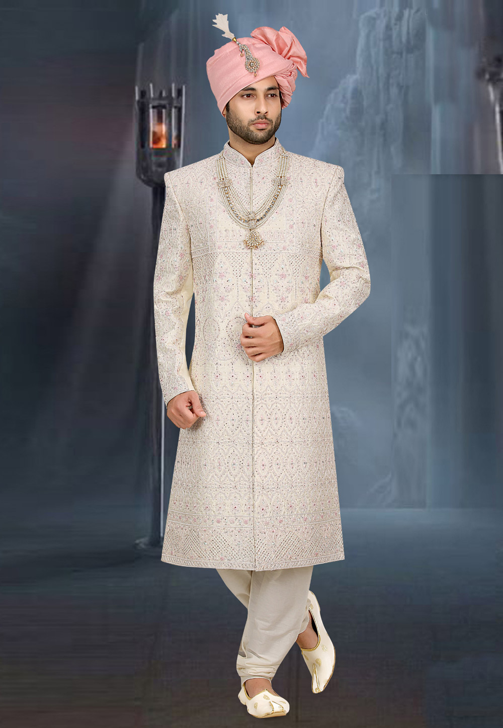 Cream Banarasi Jacquard Achkan Style Sherwani 274605