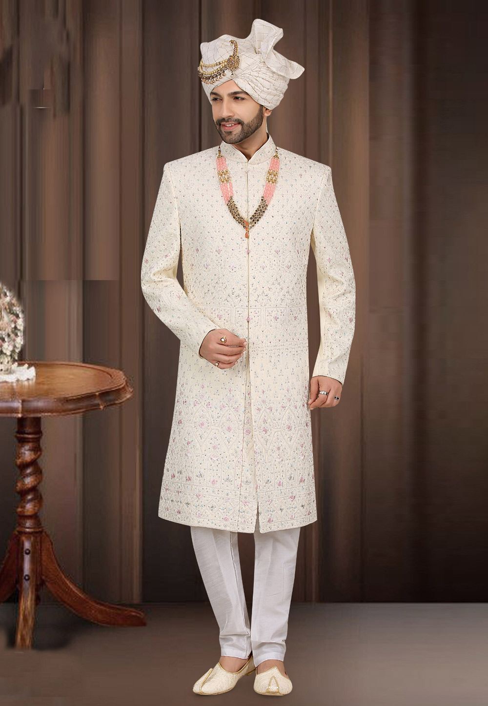 Cream Banarasi Jacquard Achkan Style Sherwani 274606