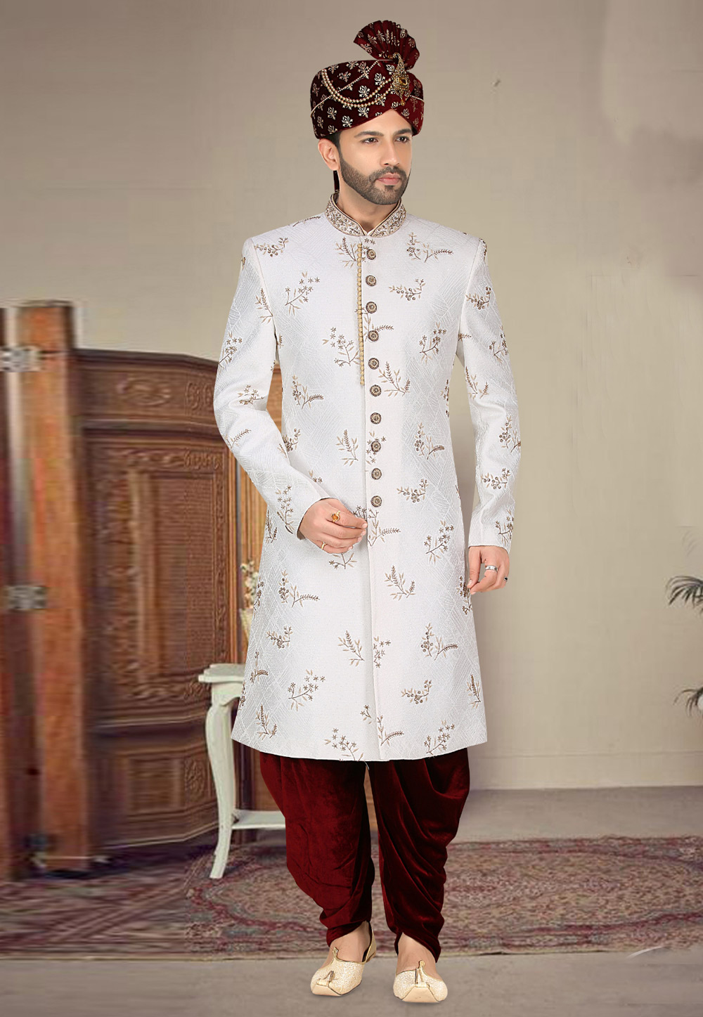 White Banarasi Jacquard Dhoti Sherwani 274610