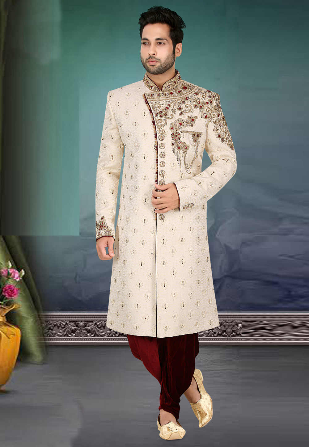 Off White Banarasi Jacquard Dhoti Sherwani 274615