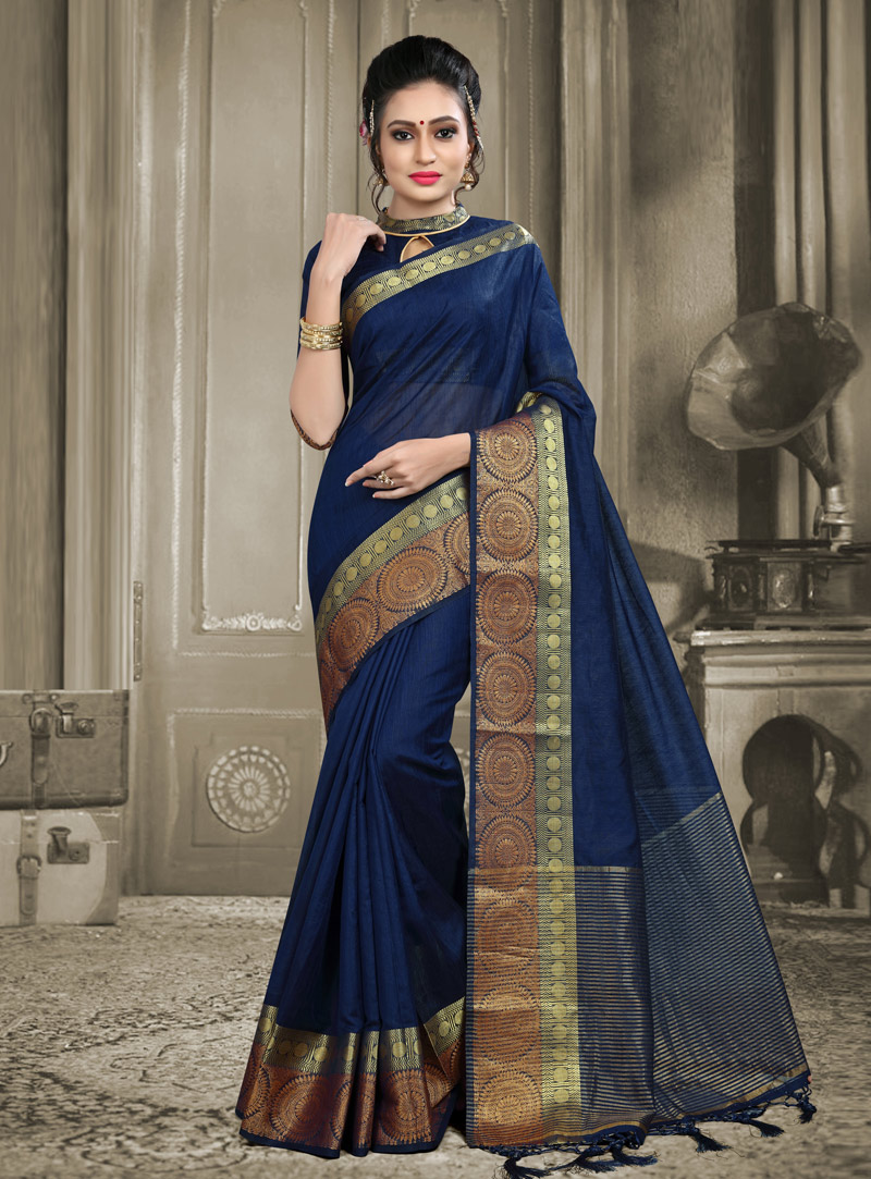 Navy Blue Linen Saree With Blouse 142321