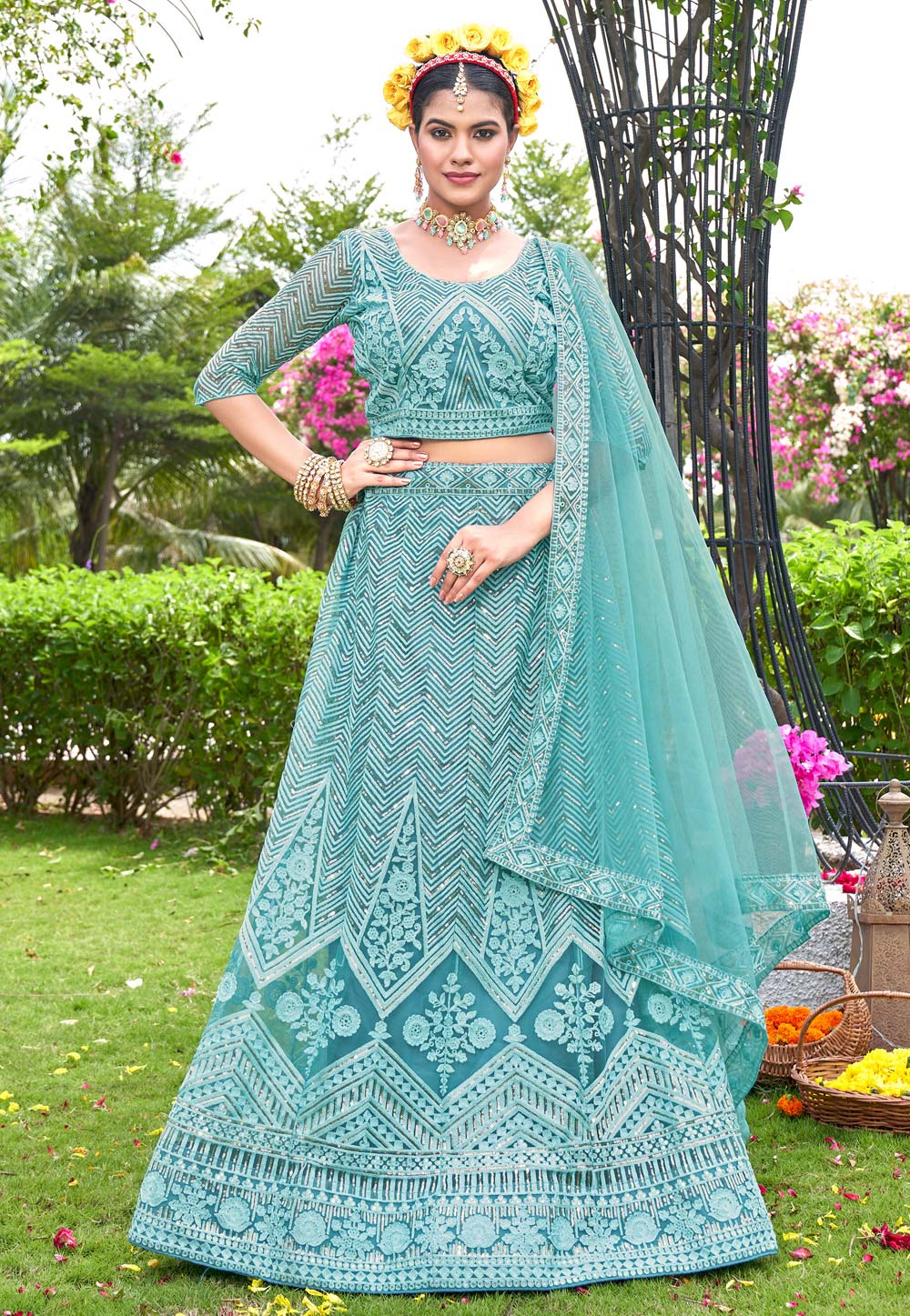 Sky Blue Net A Line Lehenga Choli 269696
