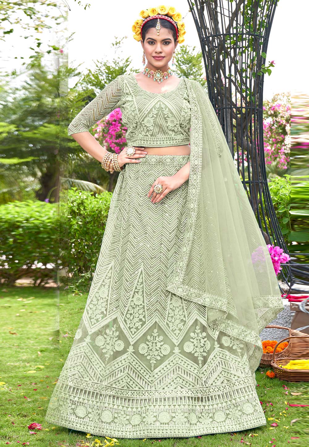 Pista Green Net A Line Lehenga Choli 269697