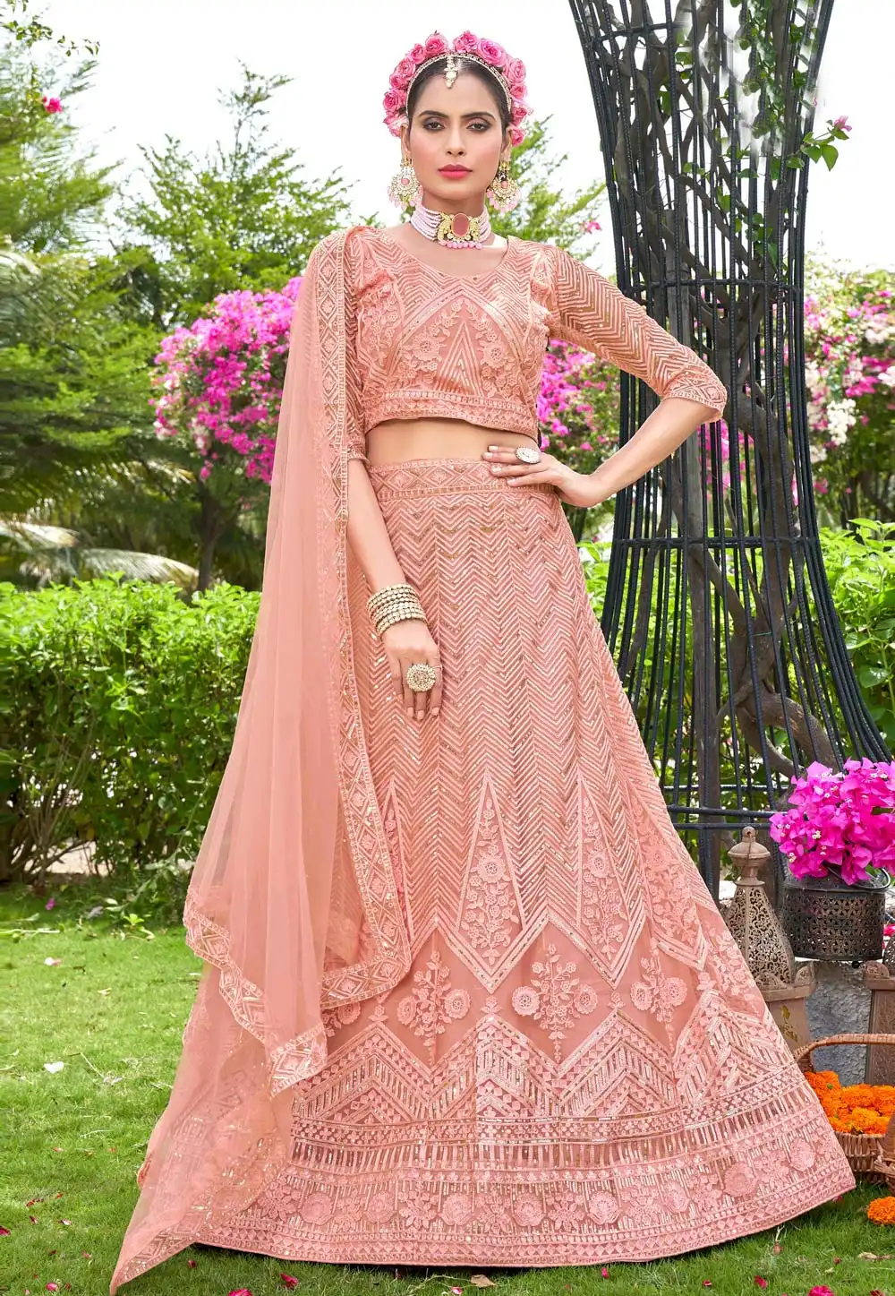 Peach Net A Line Lehenga Choli 269698