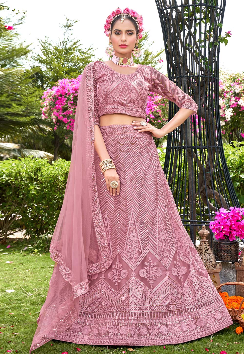 Pink Net A Line Lehenga Choli 269699