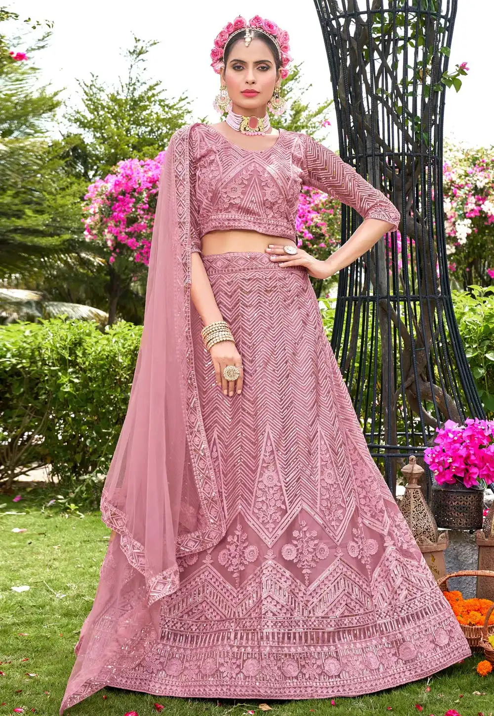 Pink Net A Line Lehenga Choli 269699