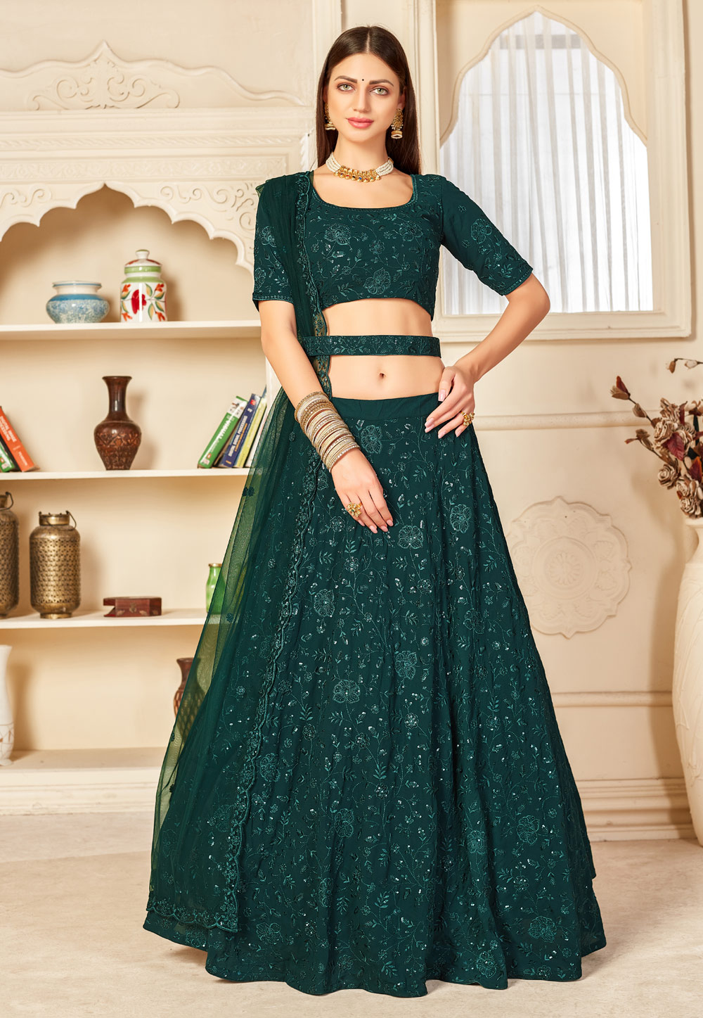 Green Net Embroidered Lehenga Choli 232623
