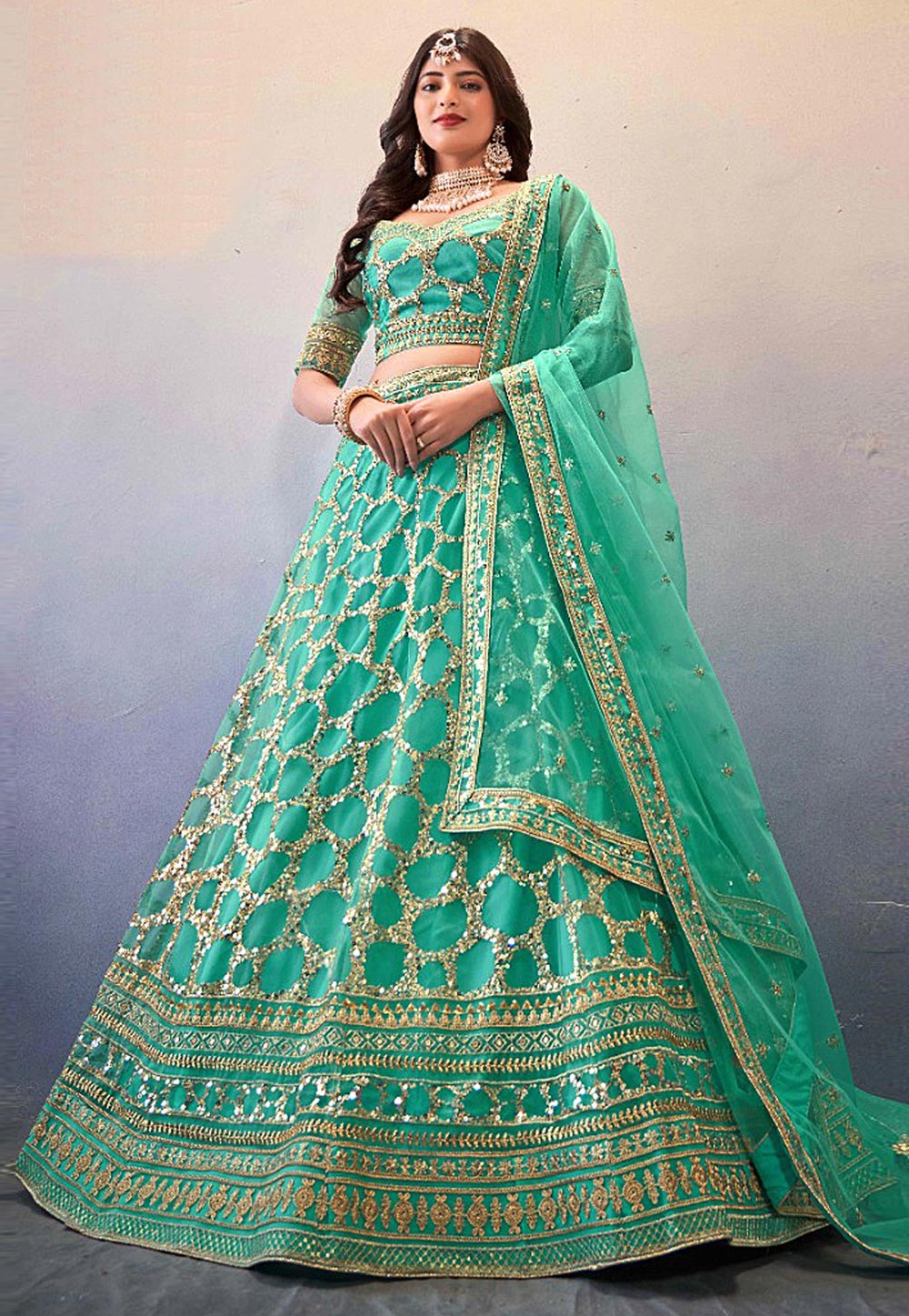Sea Green Net Lehenga Choli 275708