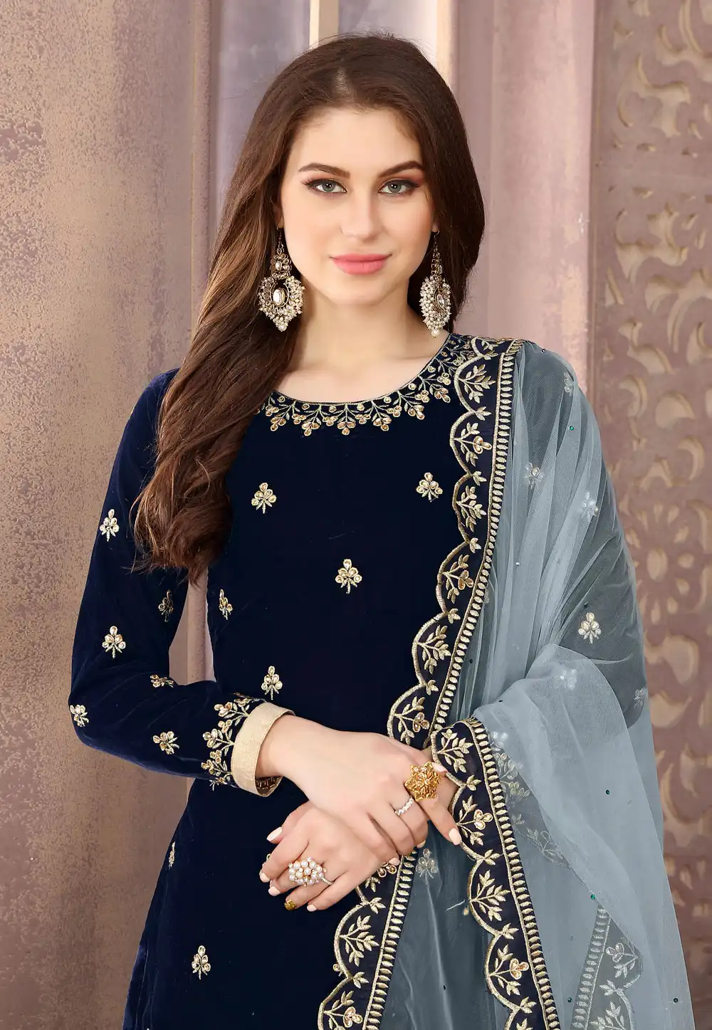 navy blue punjabi dress Navy Blue Velvet Embroidered Punjabi Suit