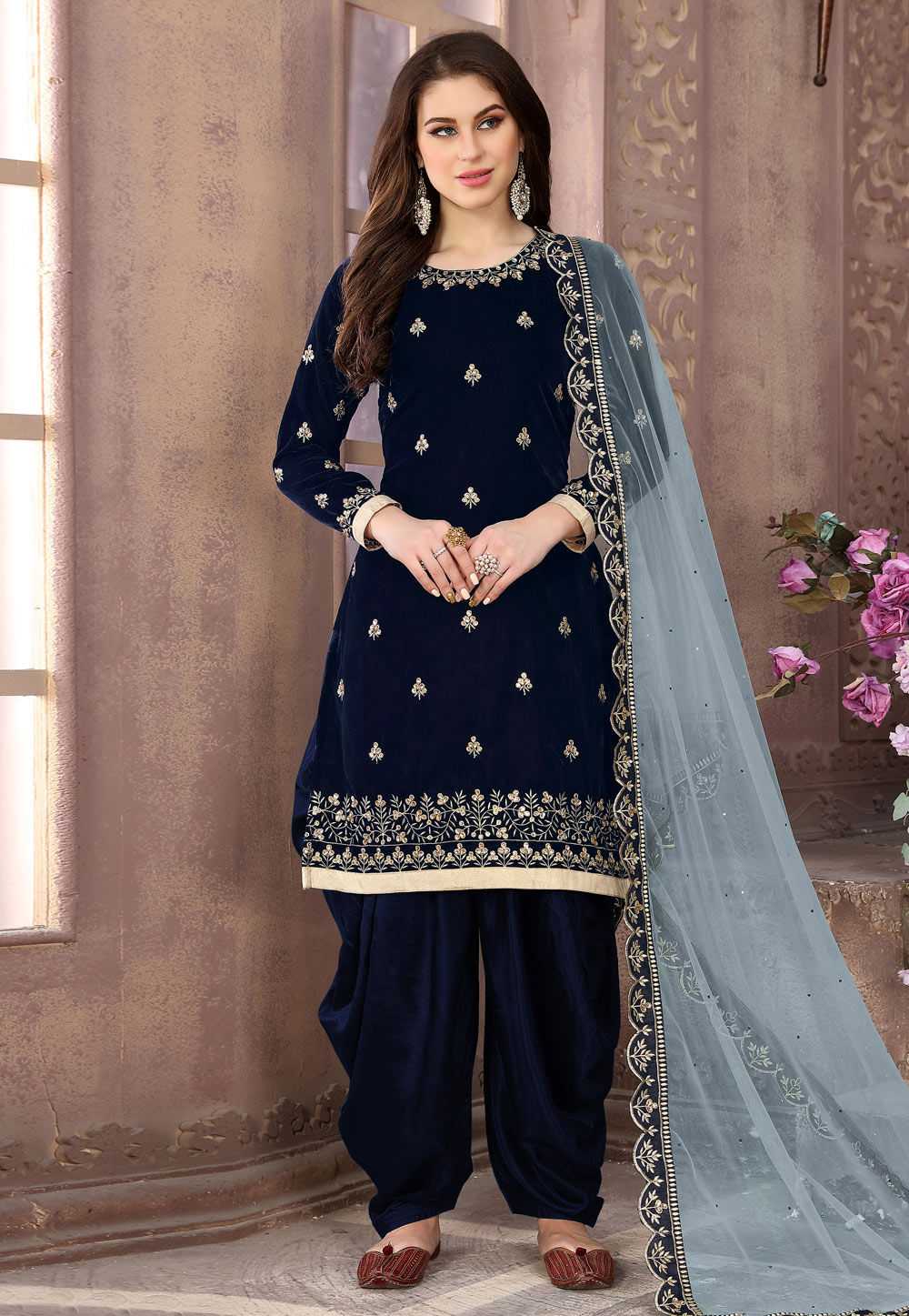 Navy Blue Velvet Embroidered Punjabi Suit 194854