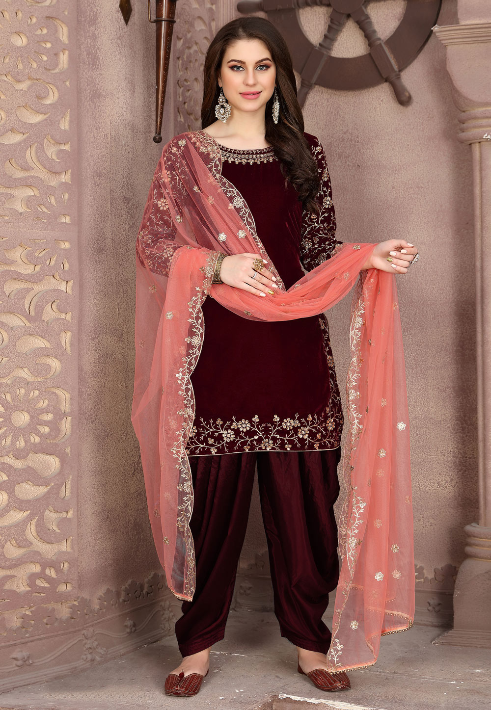 Maroon Velvet Embroidered Patiala Suit 194855