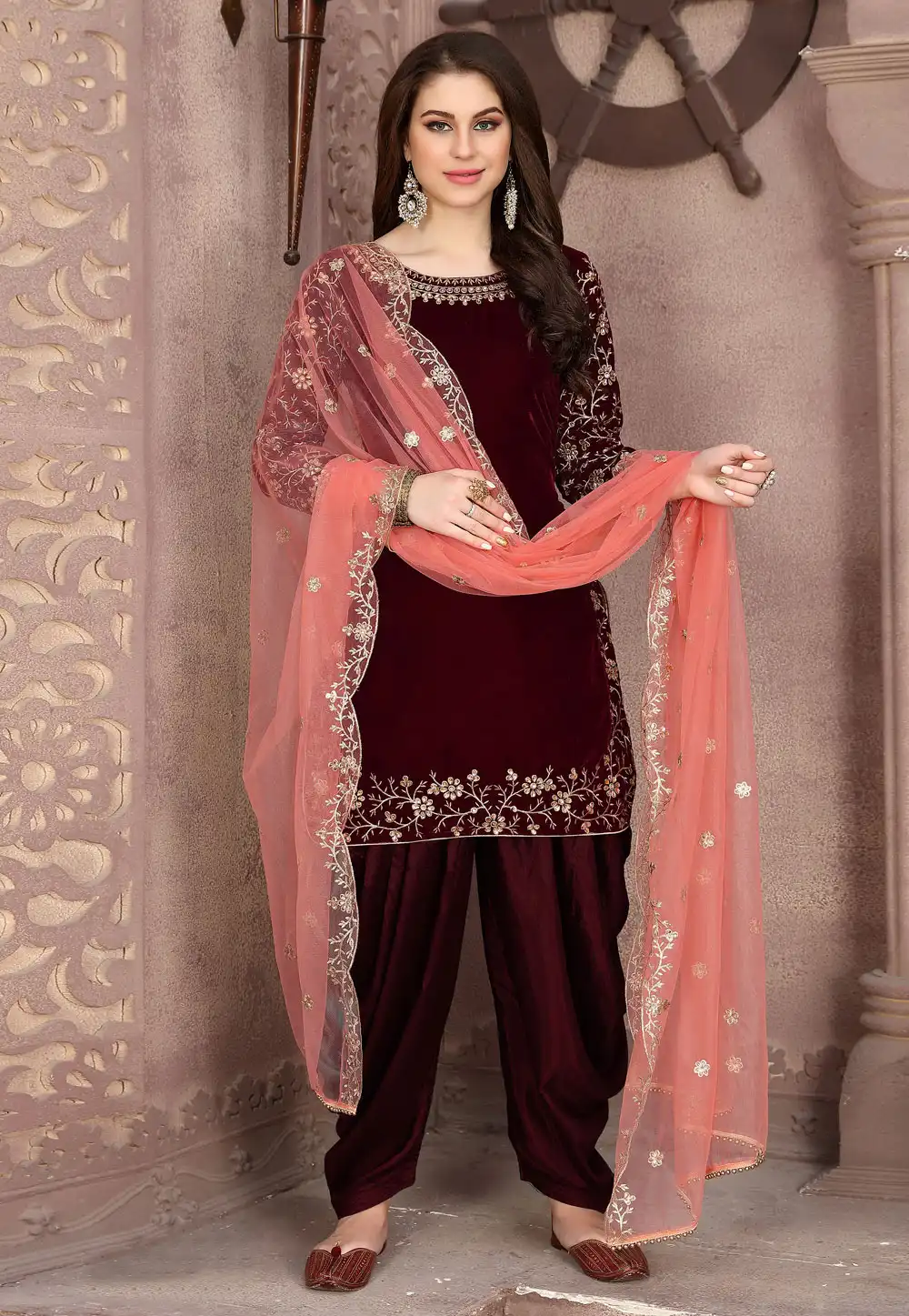 Maroon Velvet Embroidered Patiala Suit 194855