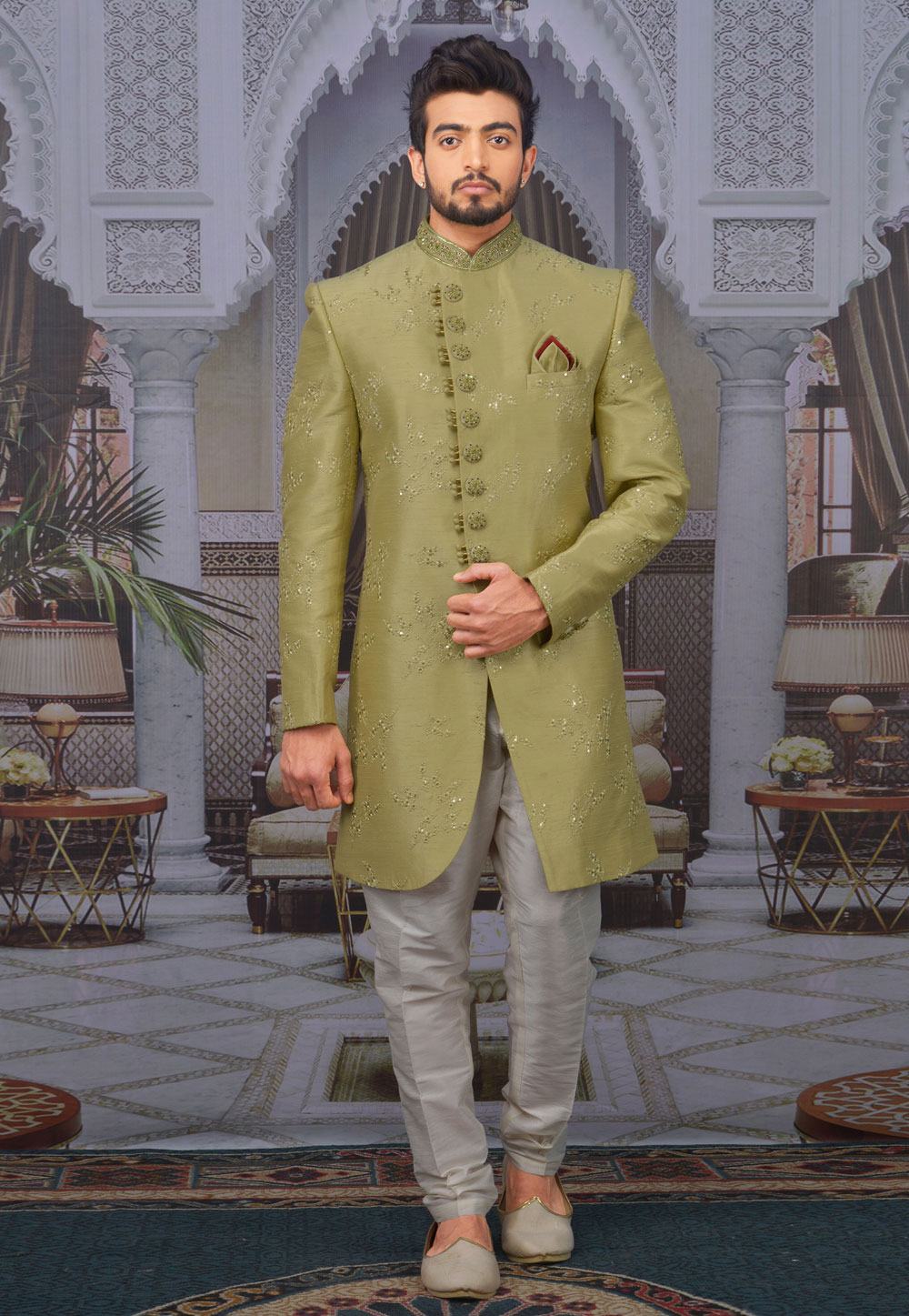 Green Banarasi Silk Indo Western Sherwani 216119