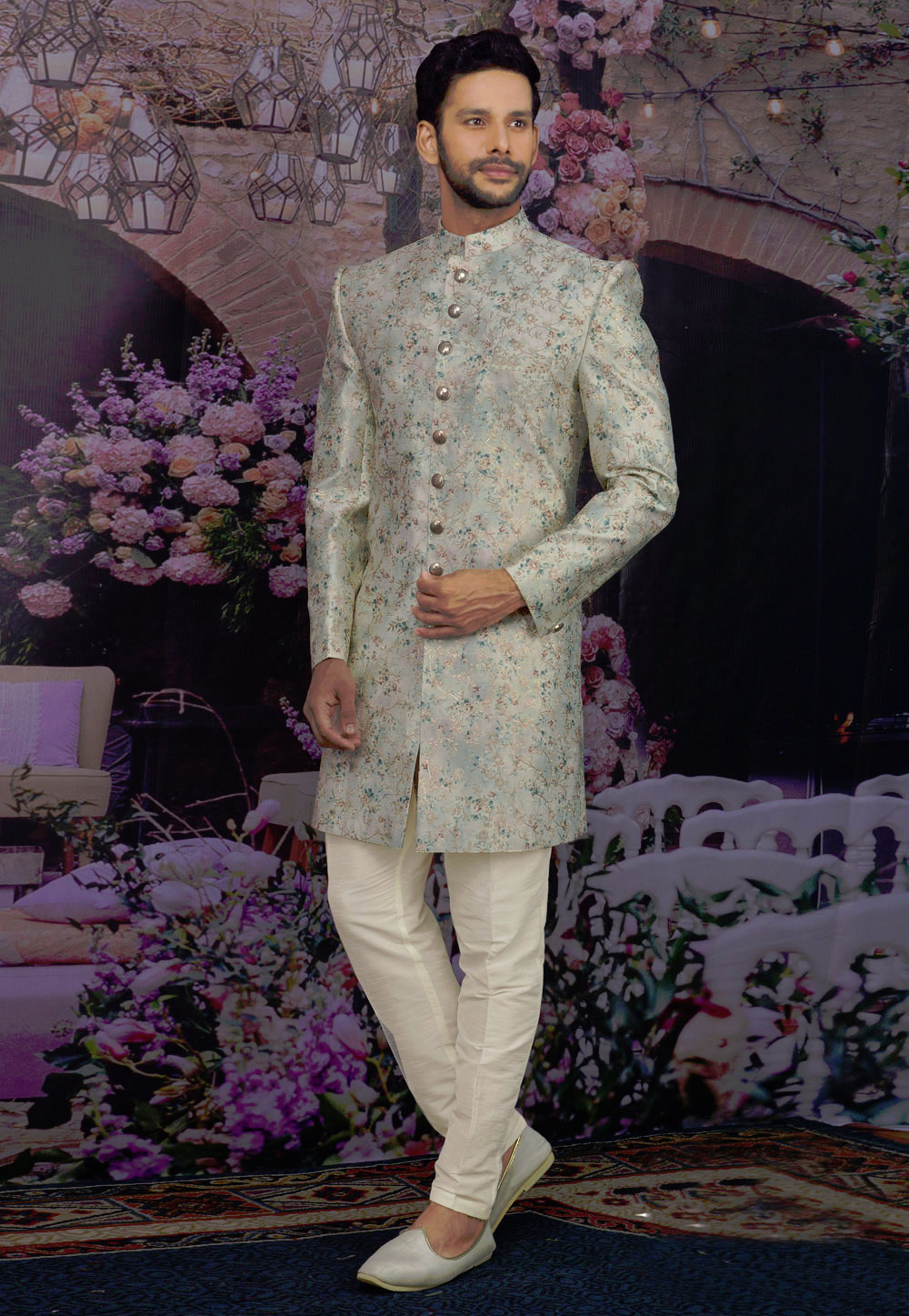 Grey Banarasi Silk Indo Western Sherwani 216121