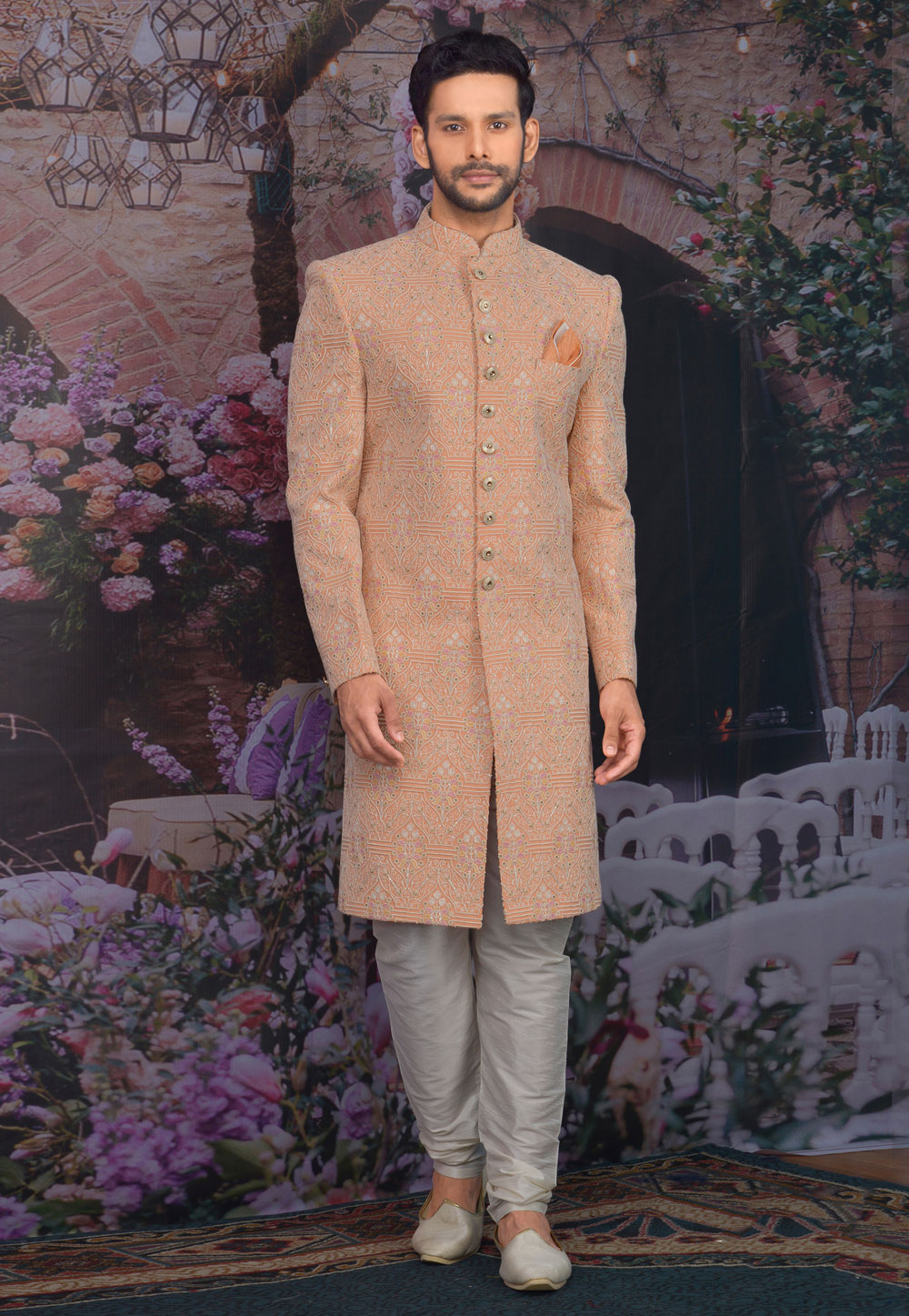 Peach Georgette Sherwani 216127