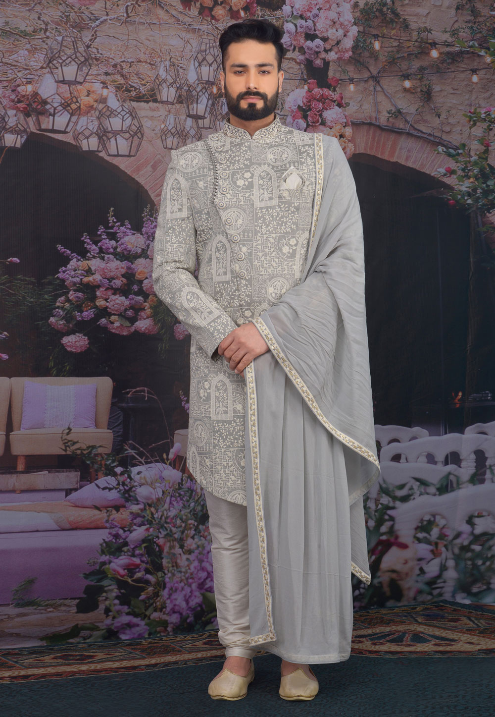 Grey Banarasi Silk Sherwani 216135