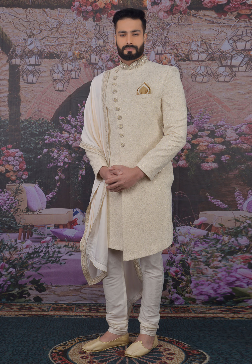 Cream Georgette Sherwani 216137