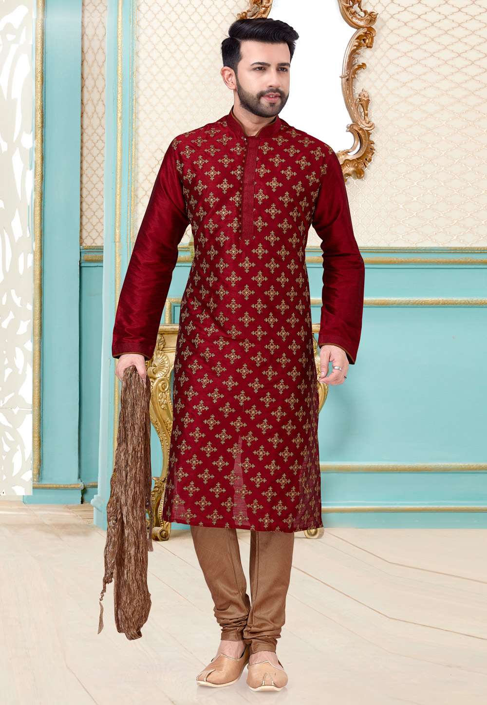 Maroon Dupion Silk Kurta Pajama 216064