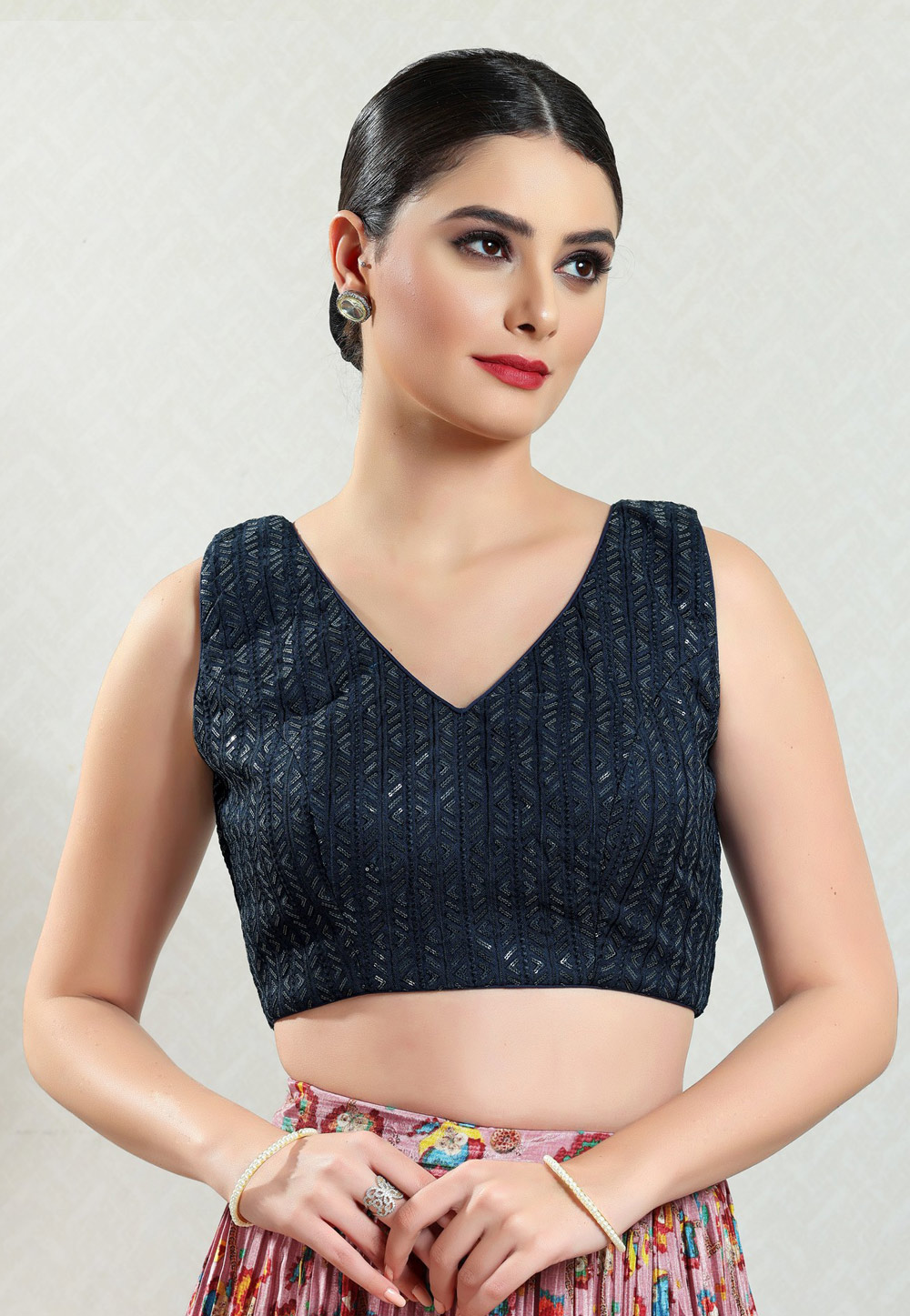 Navy Blue Brocade Readymade Blouse 276193