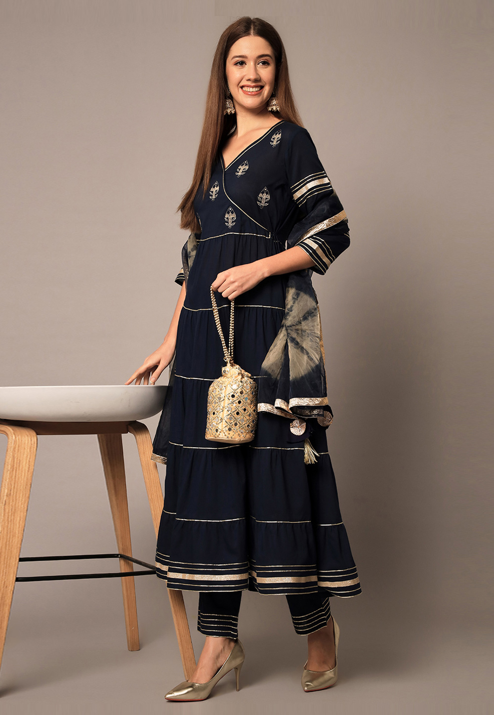 Navy Blue Rayon Readymade Anarkali Suit 276310