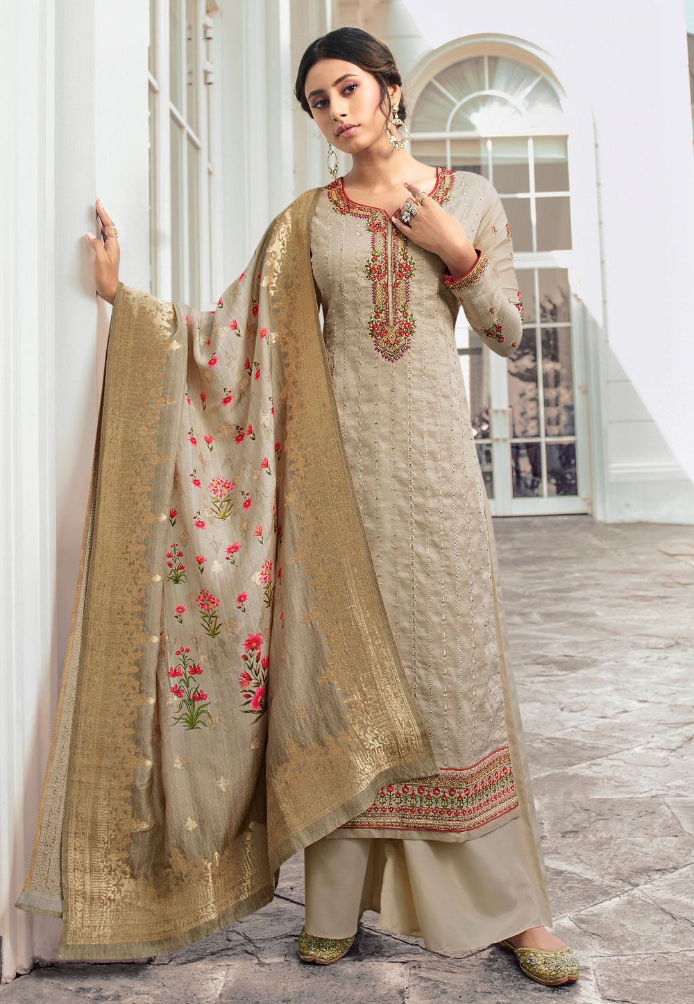 Grey Tussar Palazzo Suit 199188