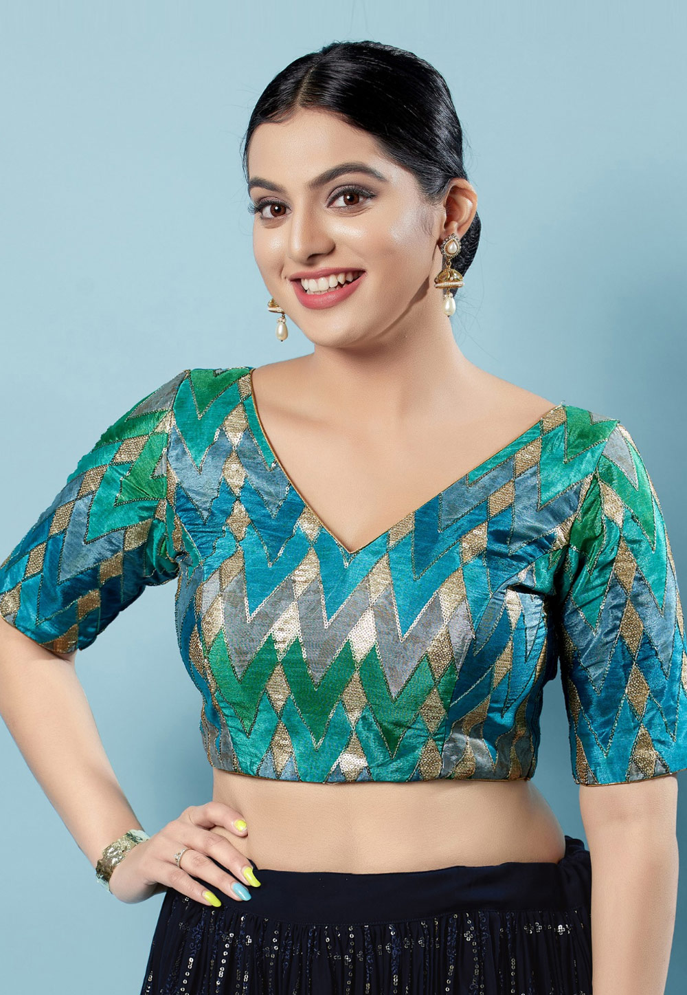 Teal Silk Readymade Blouse 276468