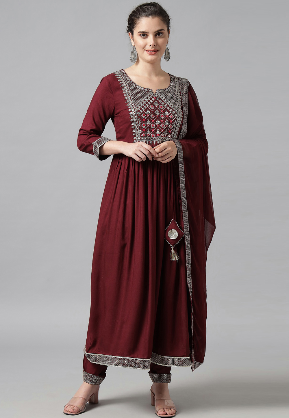 Maroon Rayon Readymade Anarkali Suit 276586