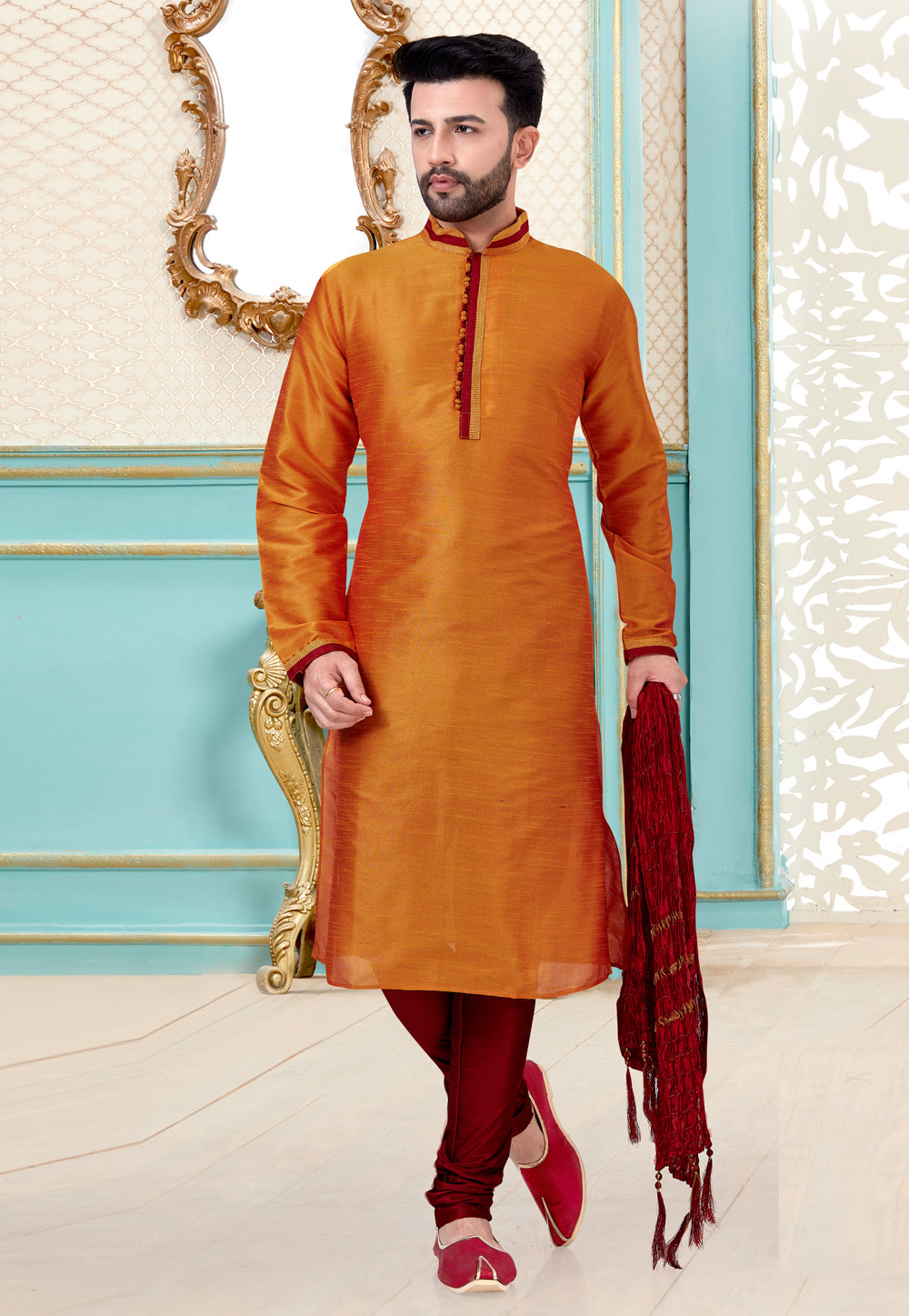 Orange Dupion Silk Kurta Pajama 216069