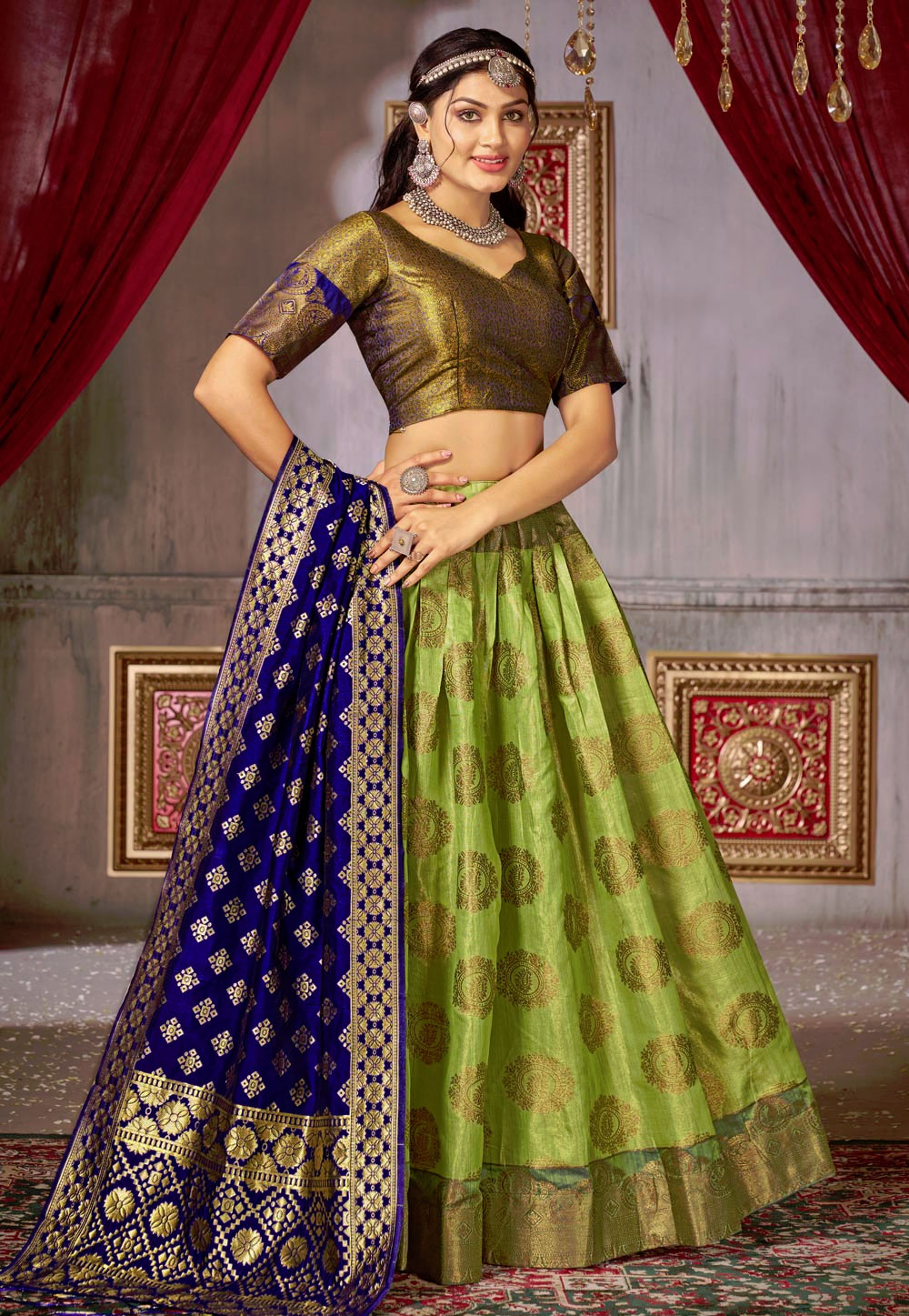 Light Green Jacquard Silk Lehenga Choli 276856