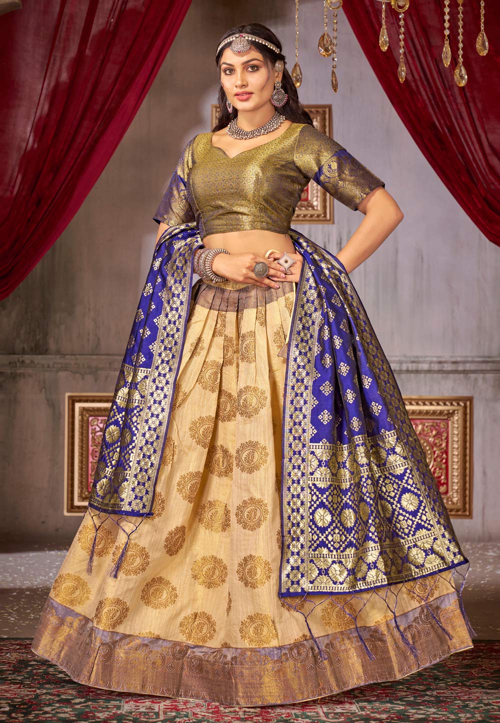 Beige Jacquard Silk Circular Lehenga Choli 276859