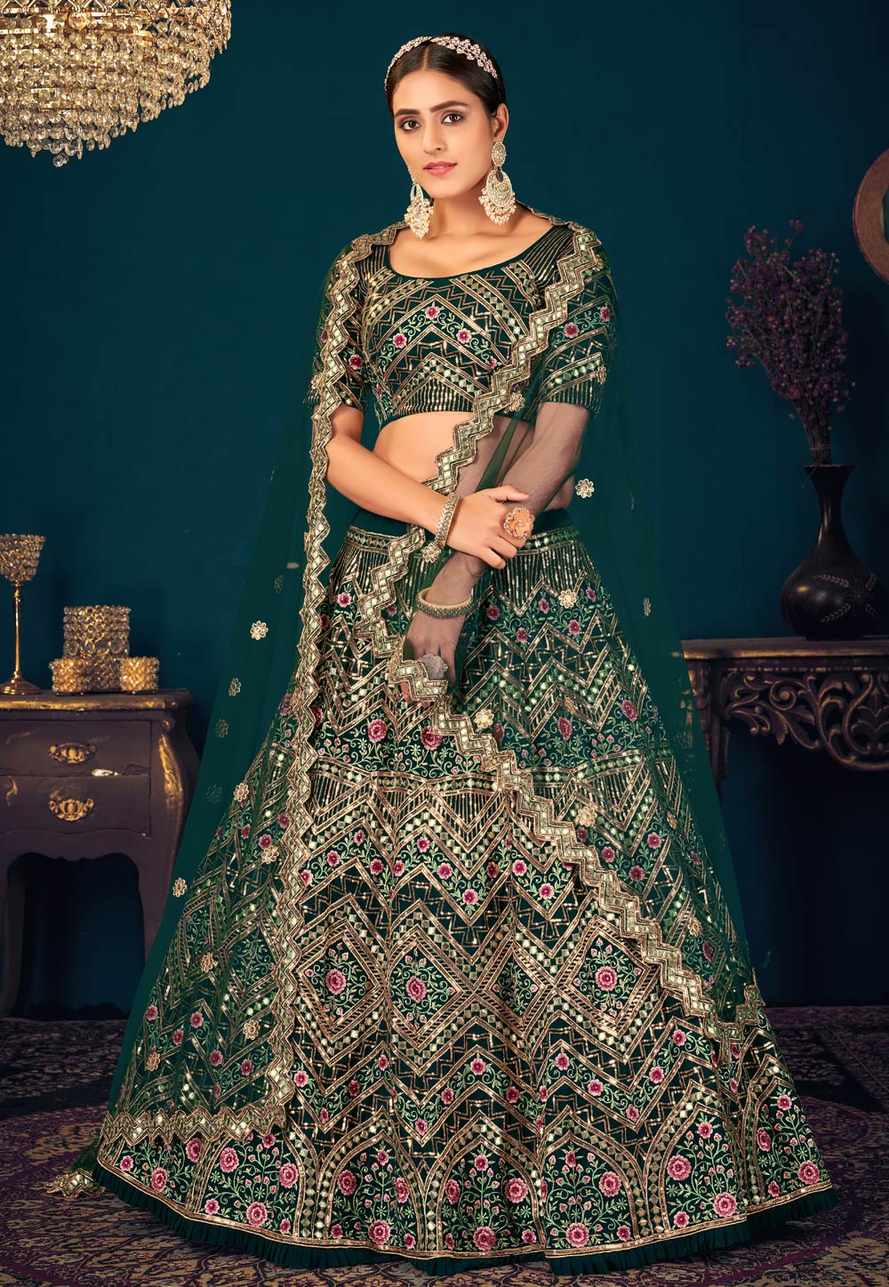 Green Georgette Sequins Work Lehenga Choli 234006