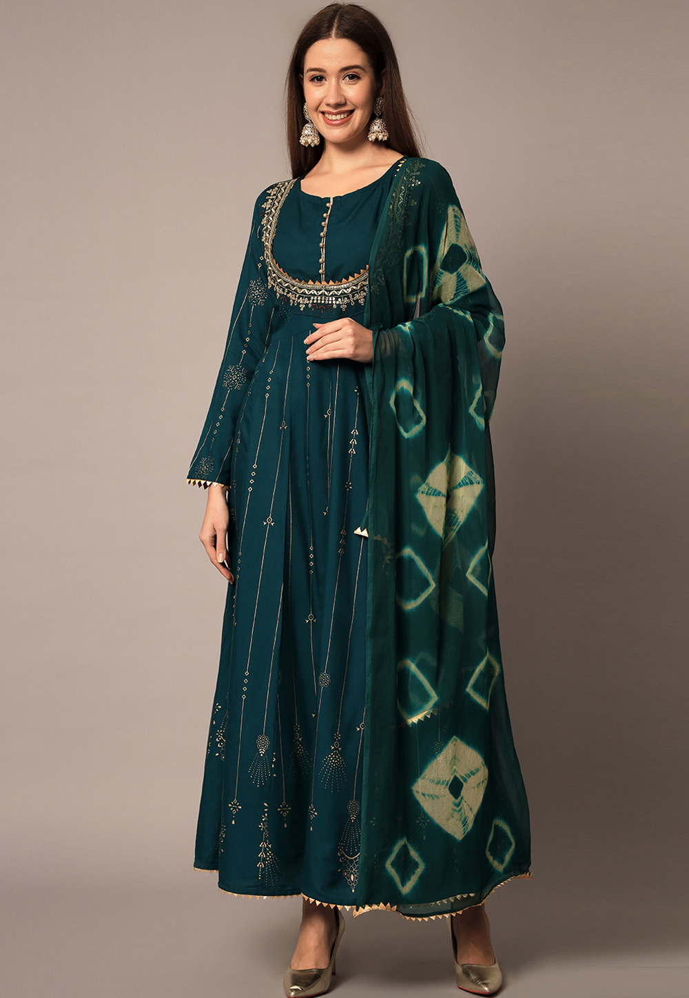 Teal Rayon Readymade Anarkali Suit 276692