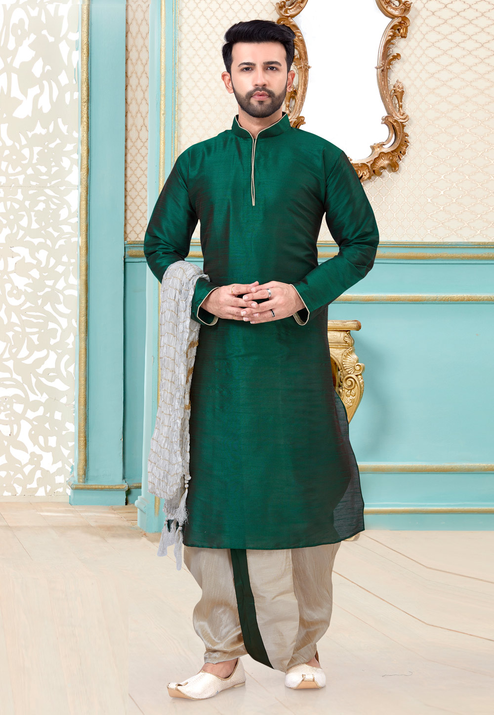 Green Dupion Silk Dhoti Kurta 216072