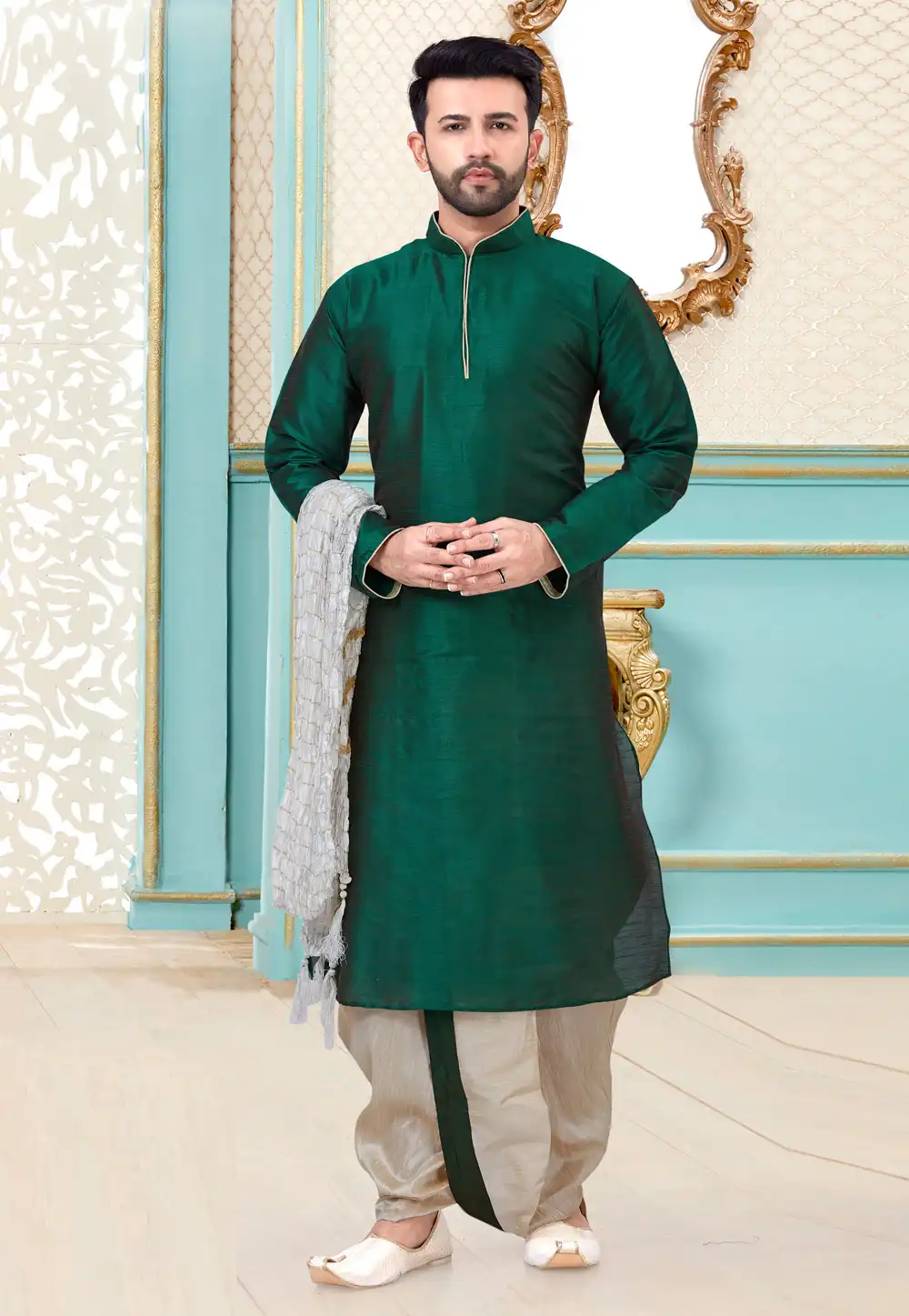 Green Dupion Silk Dhoti Kurta 216072