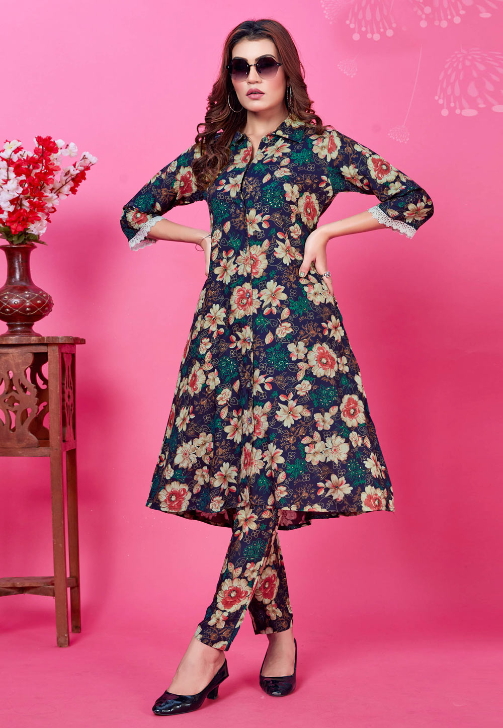 Navy Blue Rayon Printed Co-Ords Set 277052
