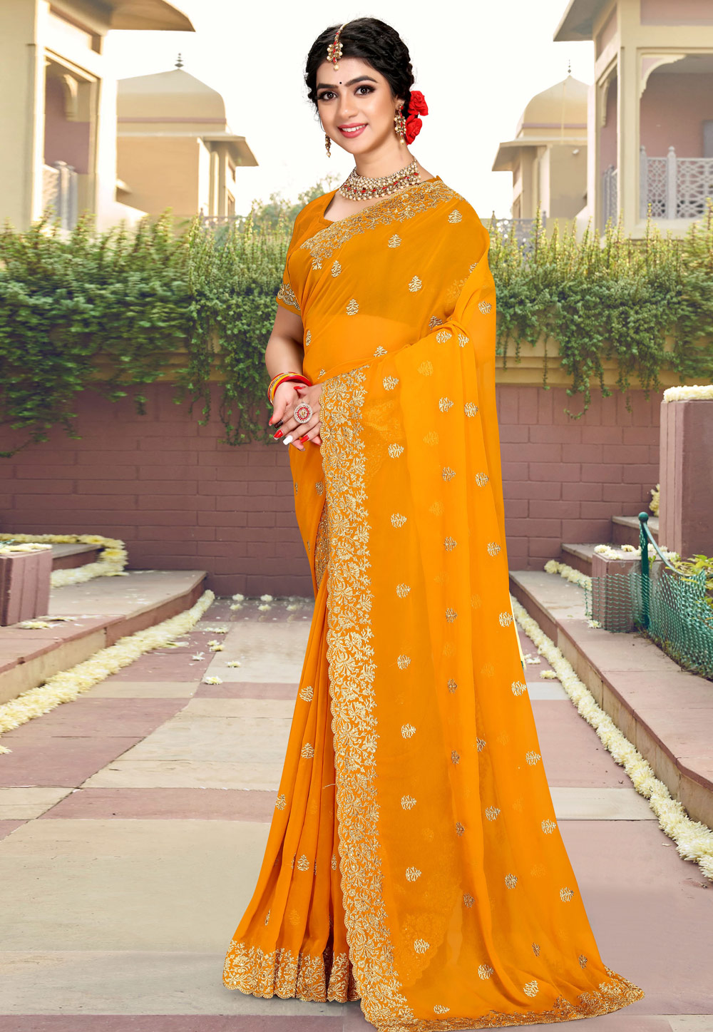 Orange Georgette Saree With Blouse 258492