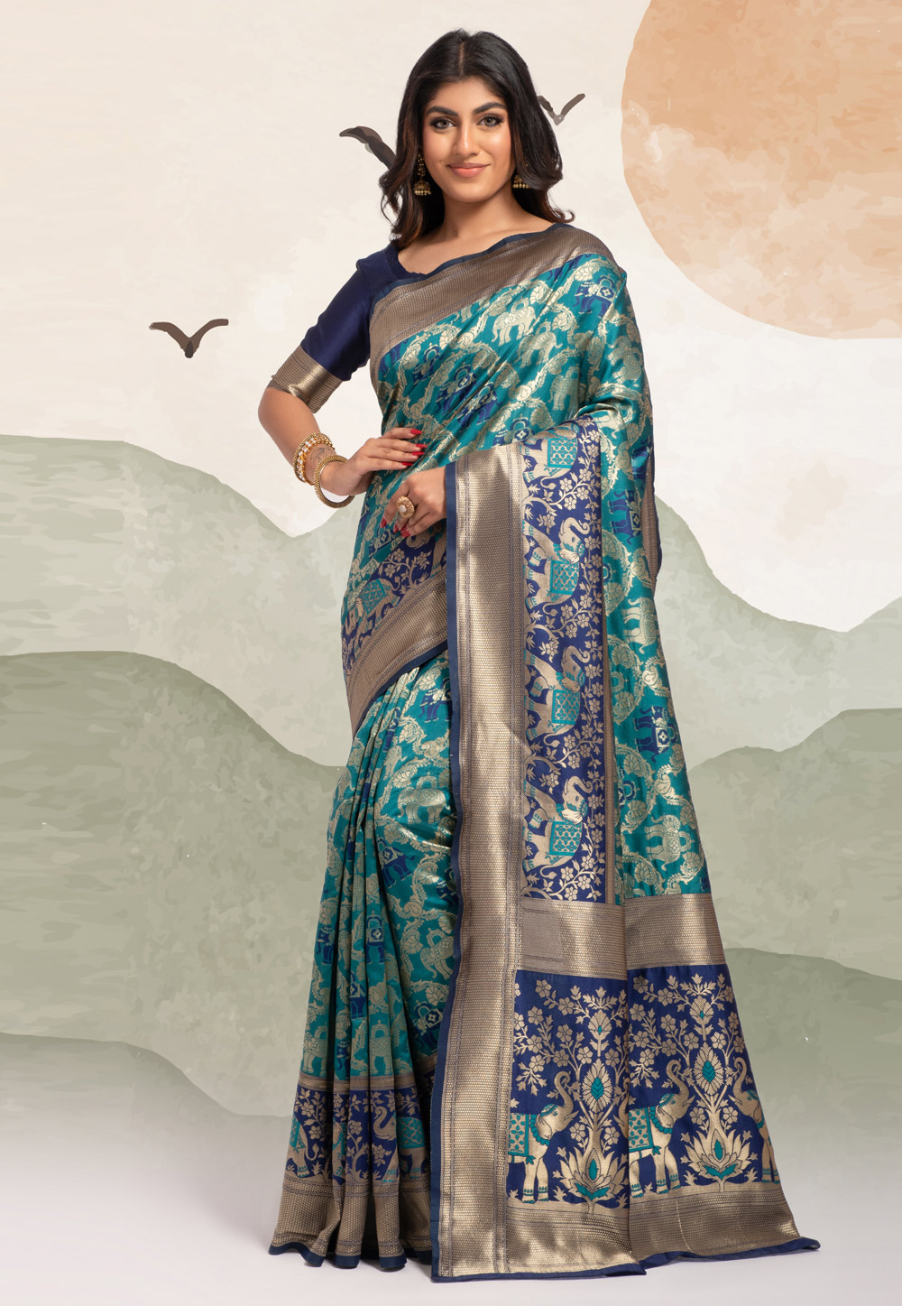 Teal Banarasi Silk Saree With Blouse 263903
