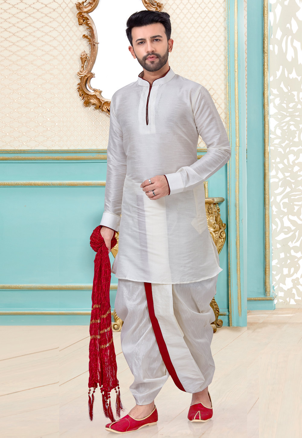 Off White Dupion Silk Dhoti Kurta 216075