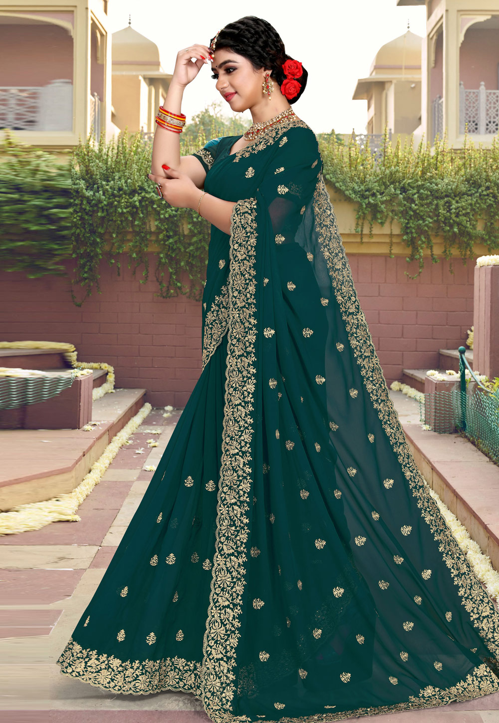 Teal Georgette Saree With Blouse 258494