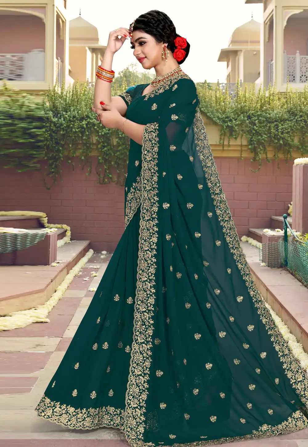 Teal Georgette Saree With Blouse 258494