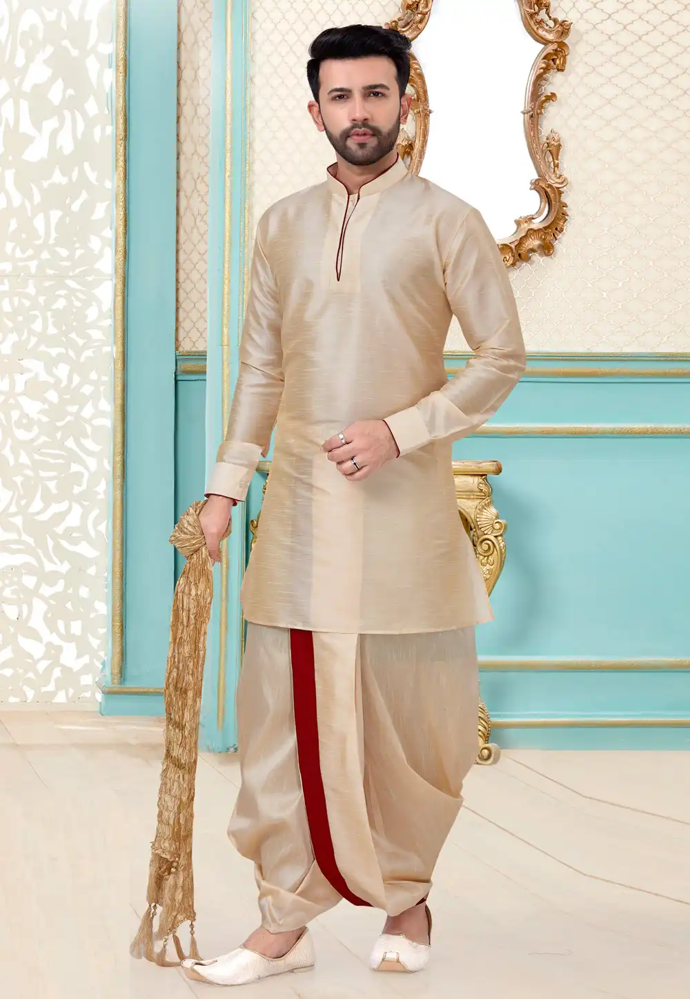 Cream Dupion Silk Dhoti Kurta 216076
