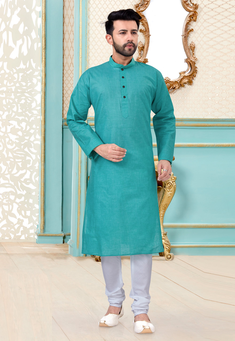 Sky Blue Linen Kurta Pajama 216078