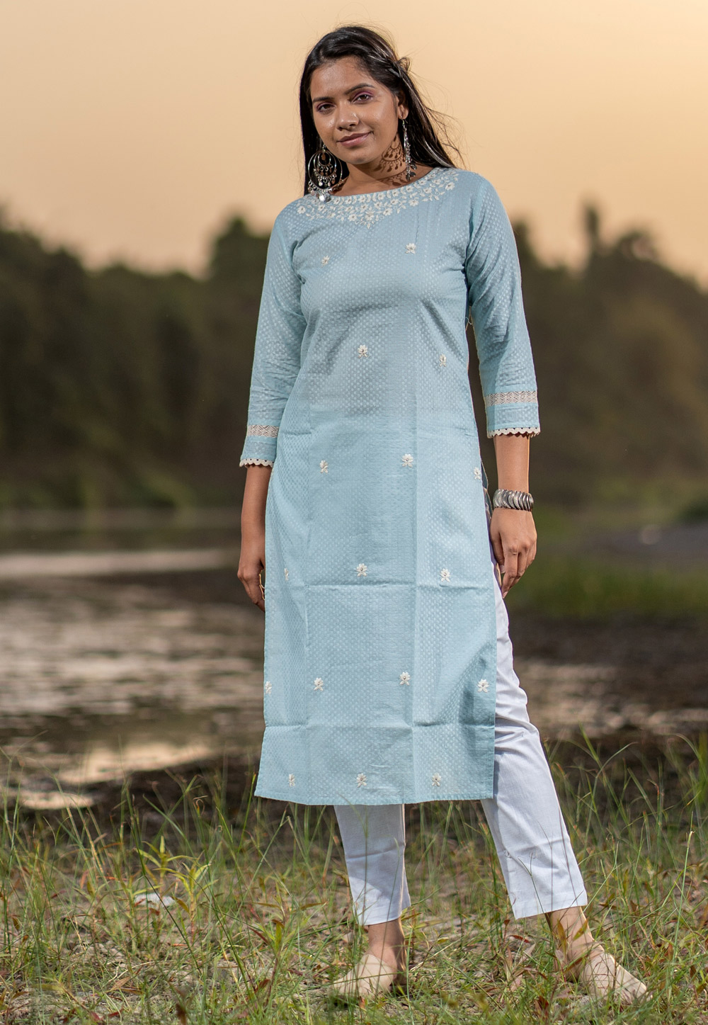 Sky Blue Cotton Kurti 224309