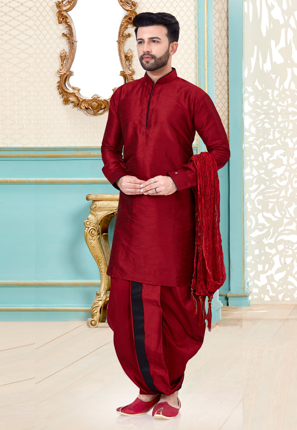 Maroon Dupion Silk Dhoti Kurta 216079