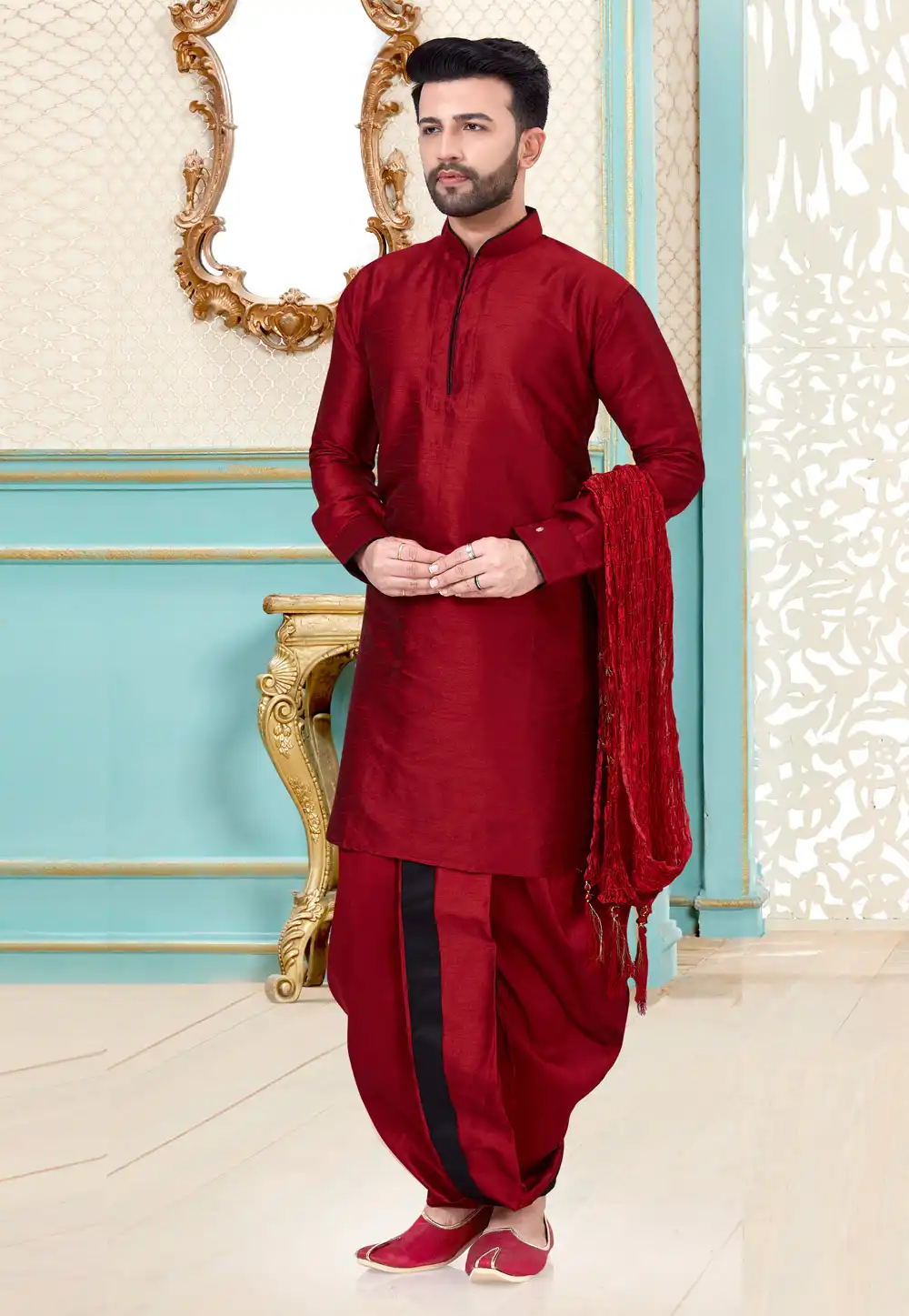 Maroon Dupion Silk Dhoti Kurta 216079