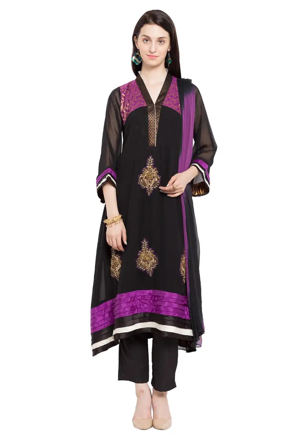 Black Faux Georgette Readymade Pant Style Suit 230476