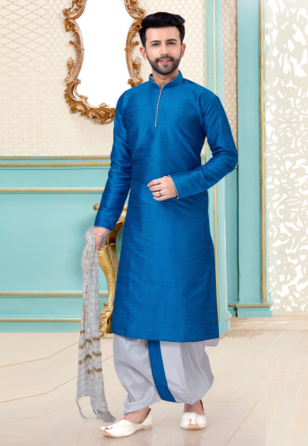 Blue Dupion Silk Dhoti Kurta 216087
