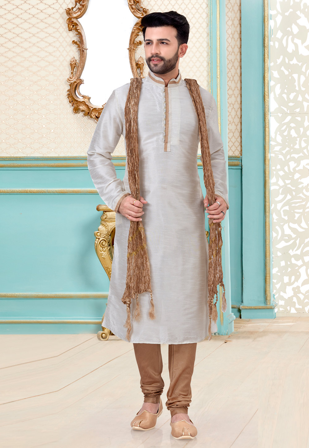 Off White Dupion Silk Kurta Pajama 216088