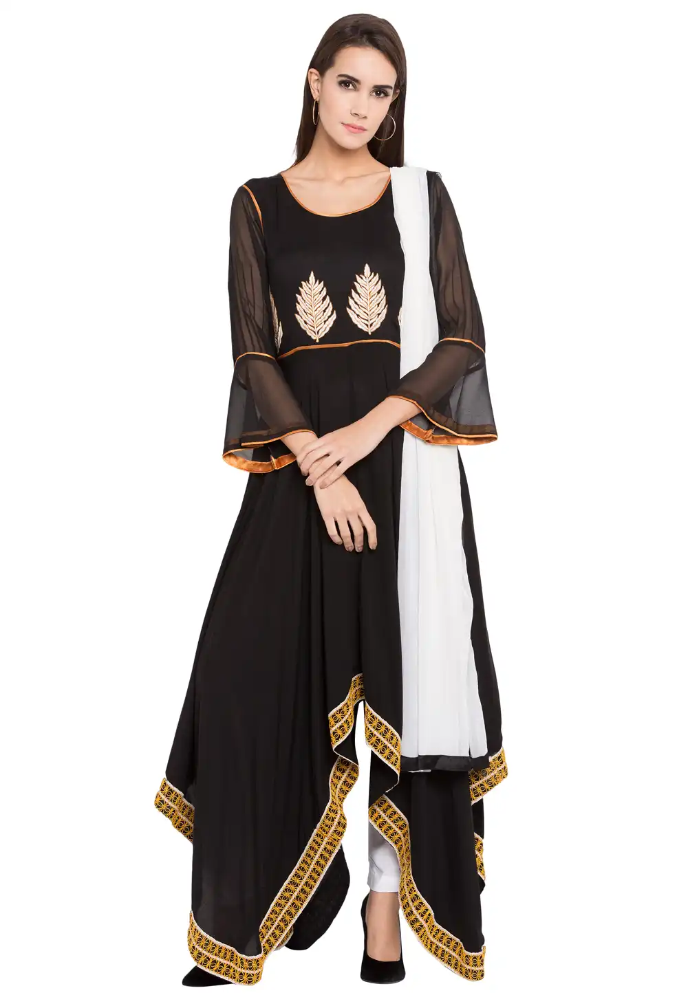Black Cotton Readymade Asymmetrical Suit 238541